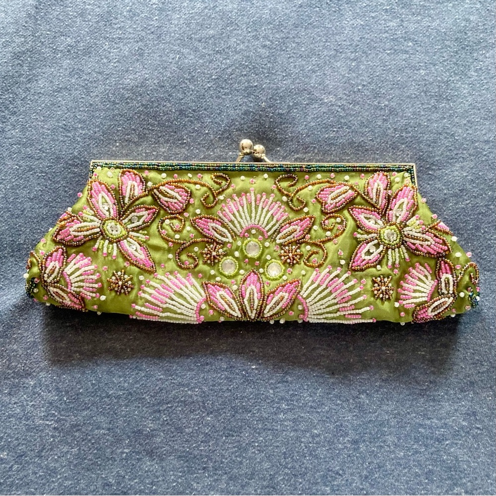 FASHIONEXPRESS neon green & pink beads faux gems satin clutch 🪩